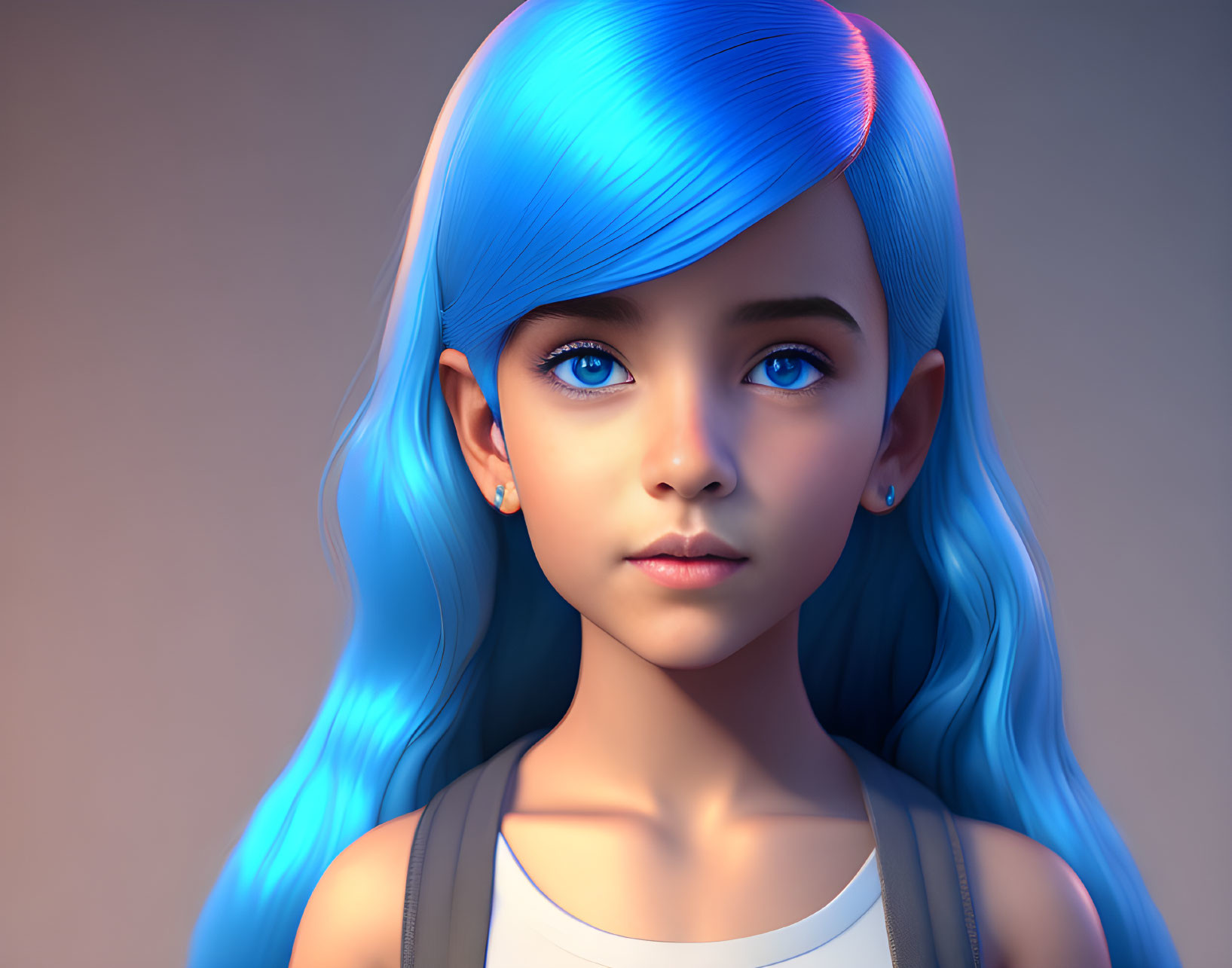 Realistic digital artwork of a girl with bright blue hair and large blue eyes