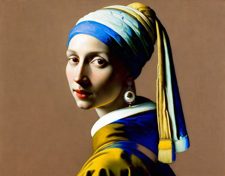 Digital recreation of iconic painting with woman in blue and gold headscarf and large pearl earring