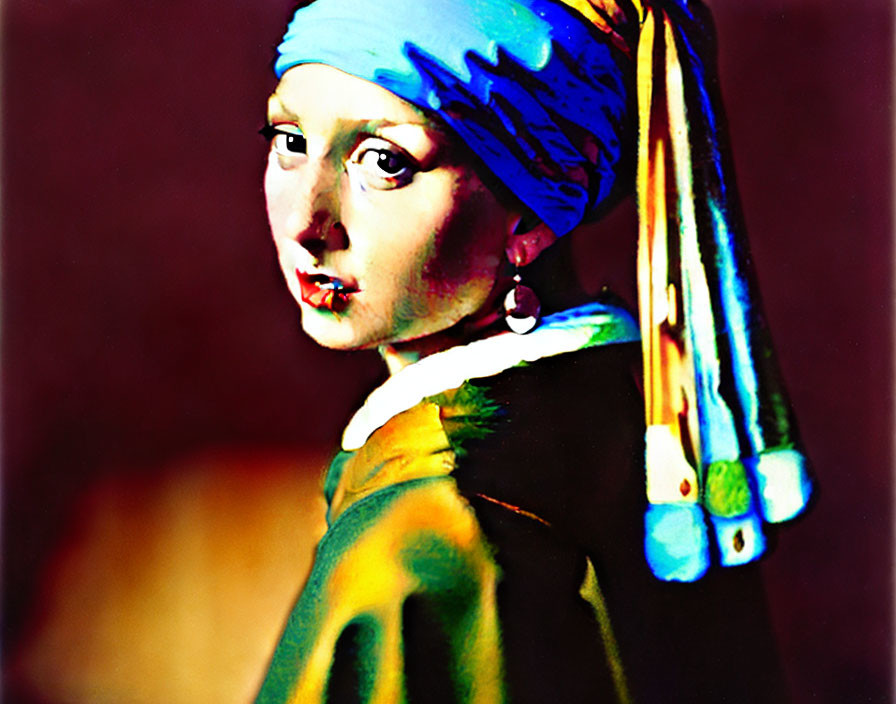 Vibrant portrait of a young female in blue headscarf gazes over shoulder