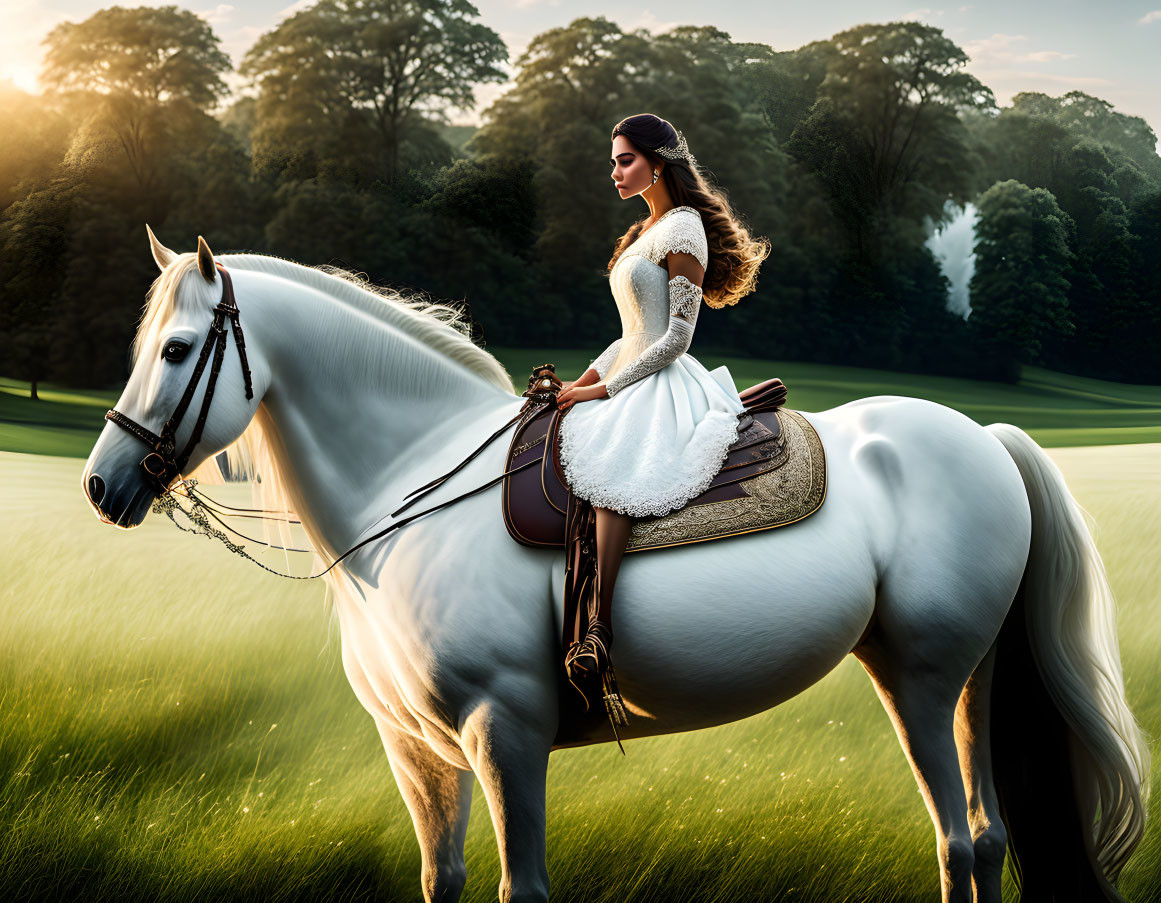 Woman in white dress on white horse in sunlit field with trees and fountain.