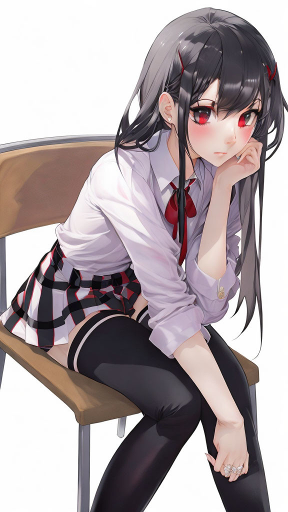 Illustration of female with long black hair and red eyes in white blouse and plaid skirt sitting on