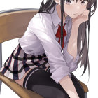 Long-haired animated character in white shirt and plaid skirt sitting on chair.