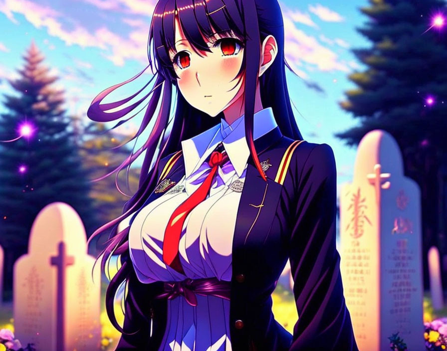 Anime girl with long black hair and red eyes in blue school uniform at twilight cemetery