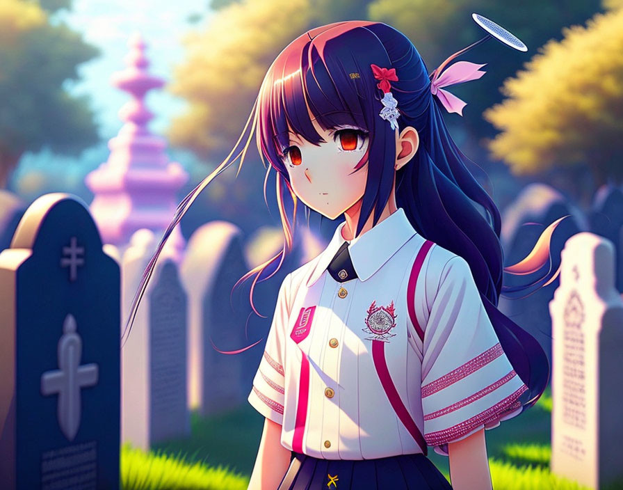 Melancholic anime girl in serene cemetery with gravestones