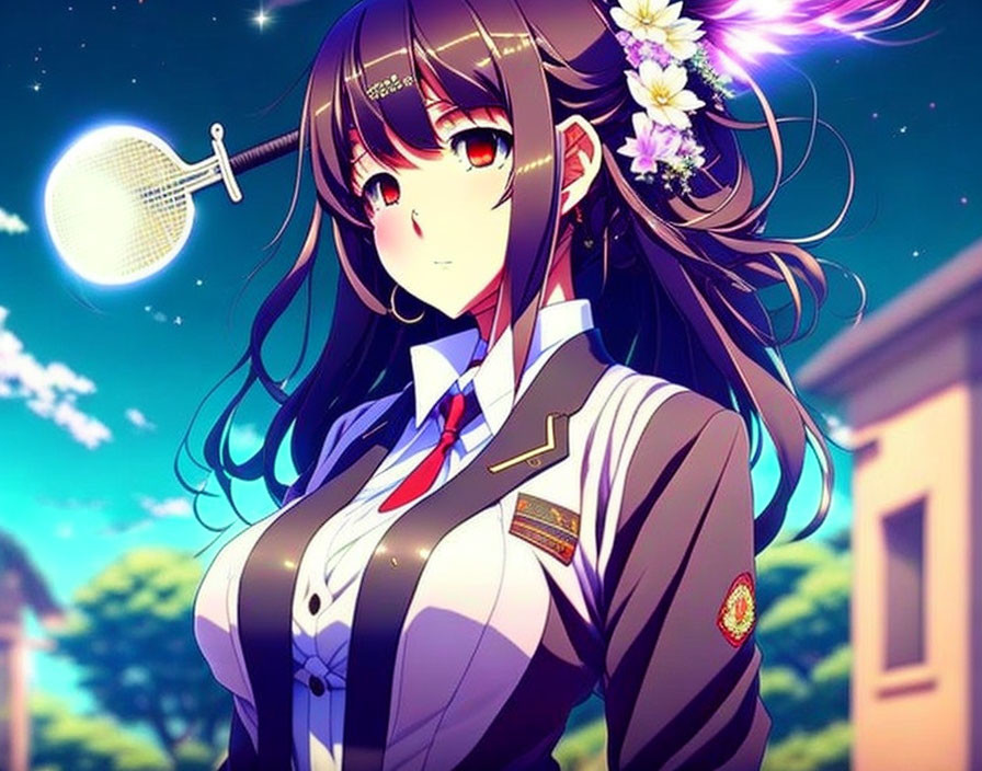 Animated character with long dark hair and red eyes in school uniform with microphone against evening sky.