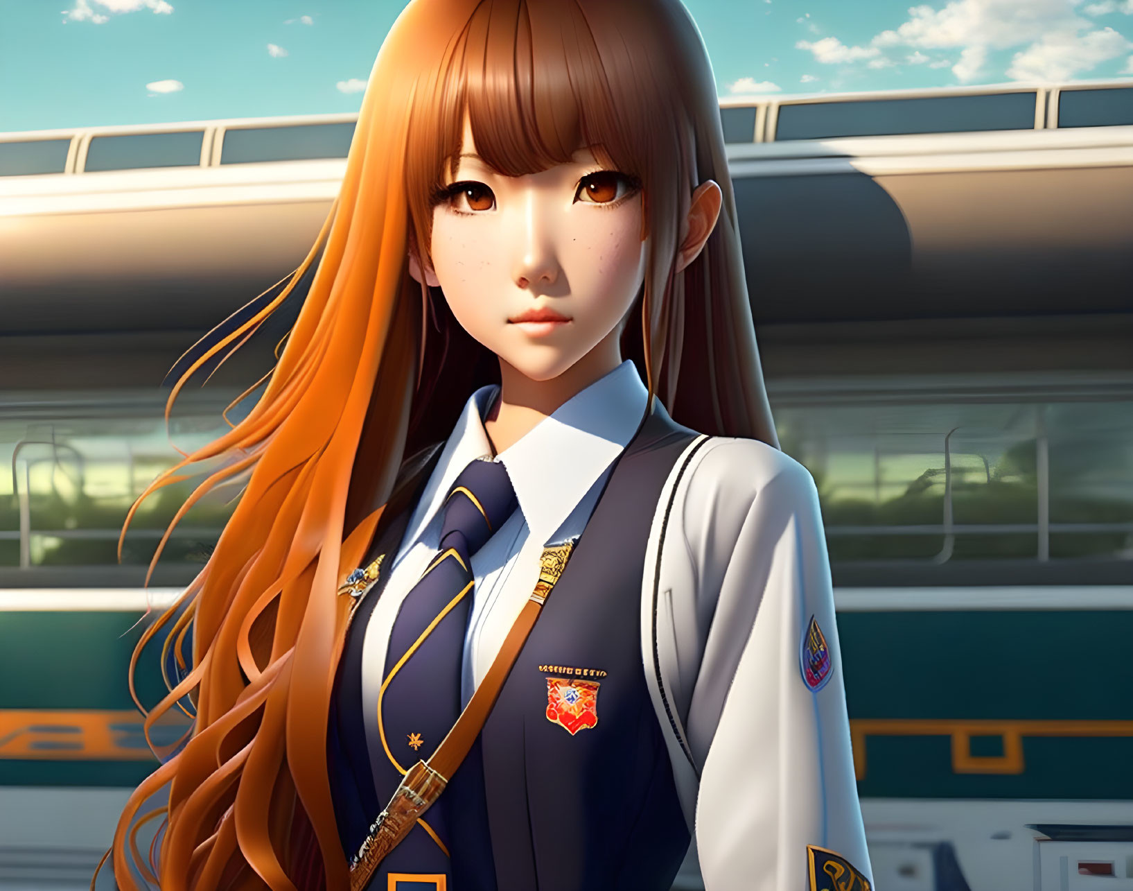 Anime image of girl with long auburn hair in uniform by train