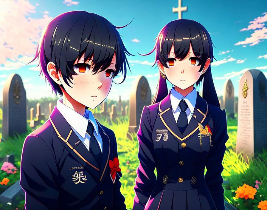 Anime girls in school uniforms at cemetery with tombstones and flowers.