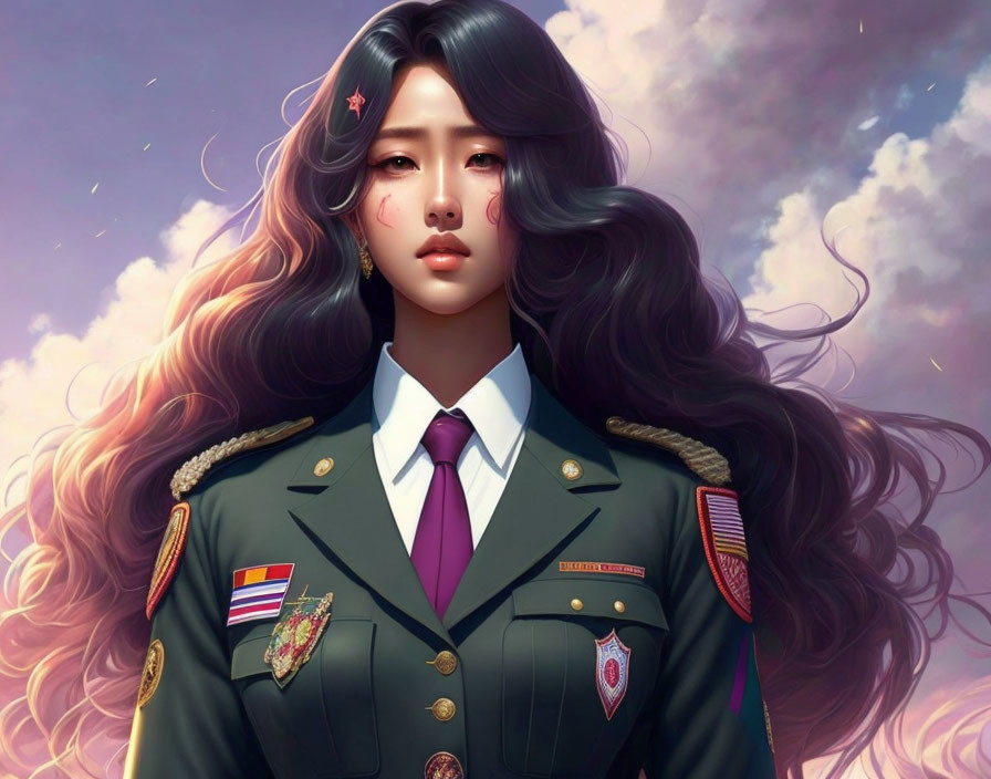 Illustration of woman in military uniform with long wavy hair against sky background