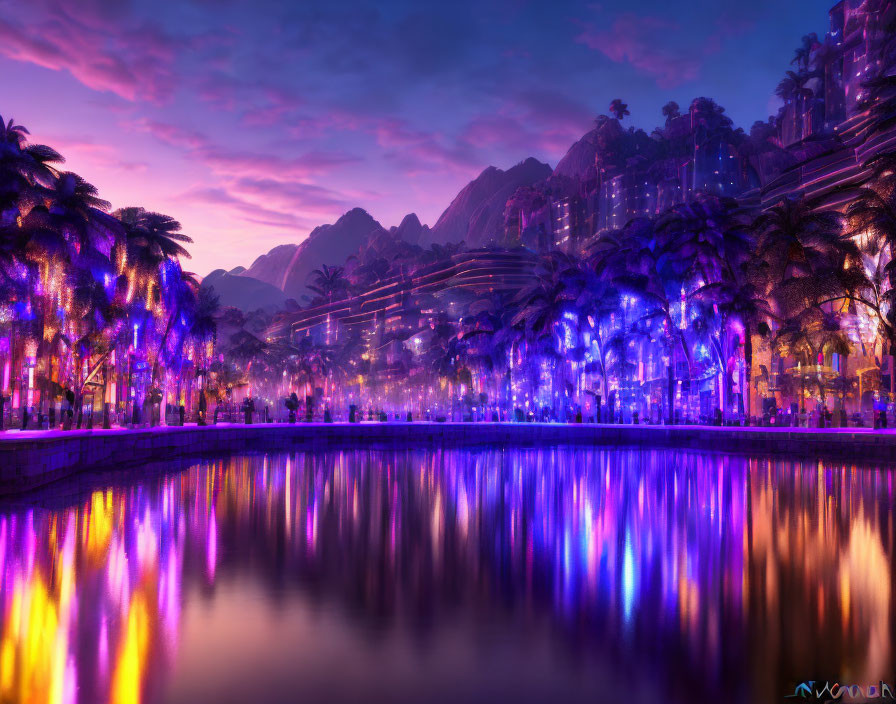 Tropical landscape at sunset with purple-lit palm trees and mountains