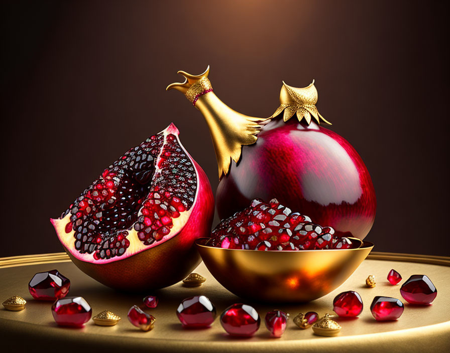 Luxurious Pomegranate Still Life on Golden Dish