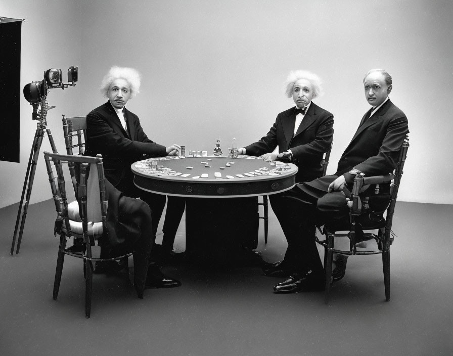 Three Men Dressed as Albert Einstein Playing Poker with Cards and Chips