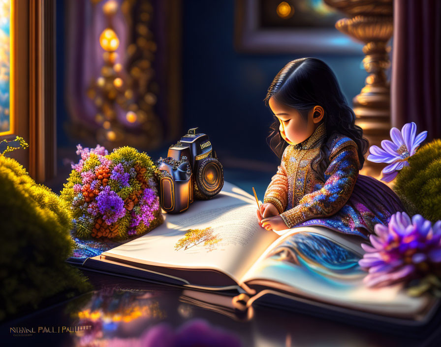 Young girl reading book by window with colorful flowers and camera in warmly lit setting