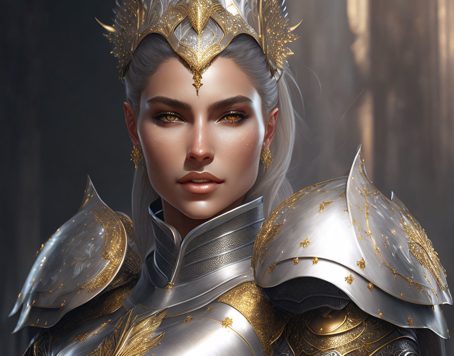 Regal woman in golden and silver armor with crown, gazing intensely