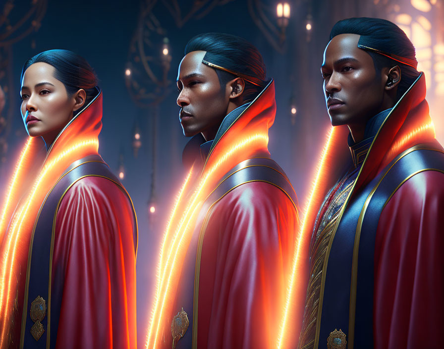 Three individuals in regal red cloaks with golden edges, standing in a line