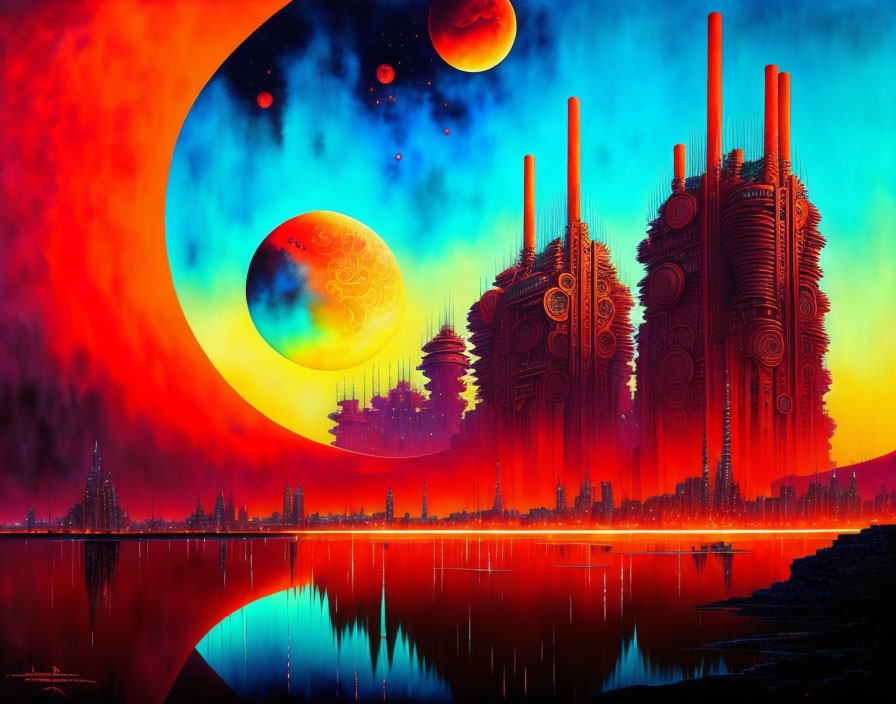 Sci-fi landscape with towering structures, red moon, celestial reflections