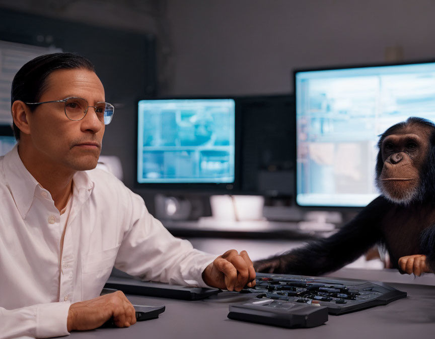 Man and chimpanzee collaborate at control desk with monitors.