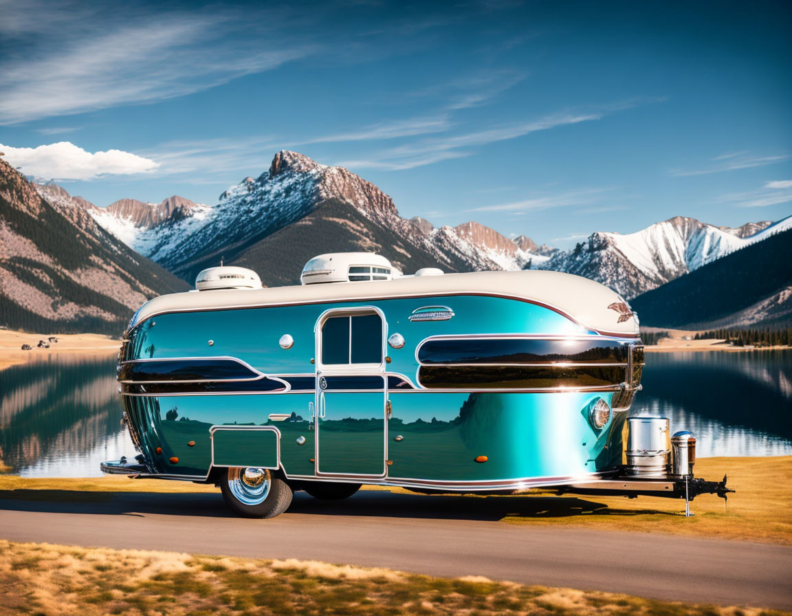 Blue Vintage Caravan with Mountain and Lake View