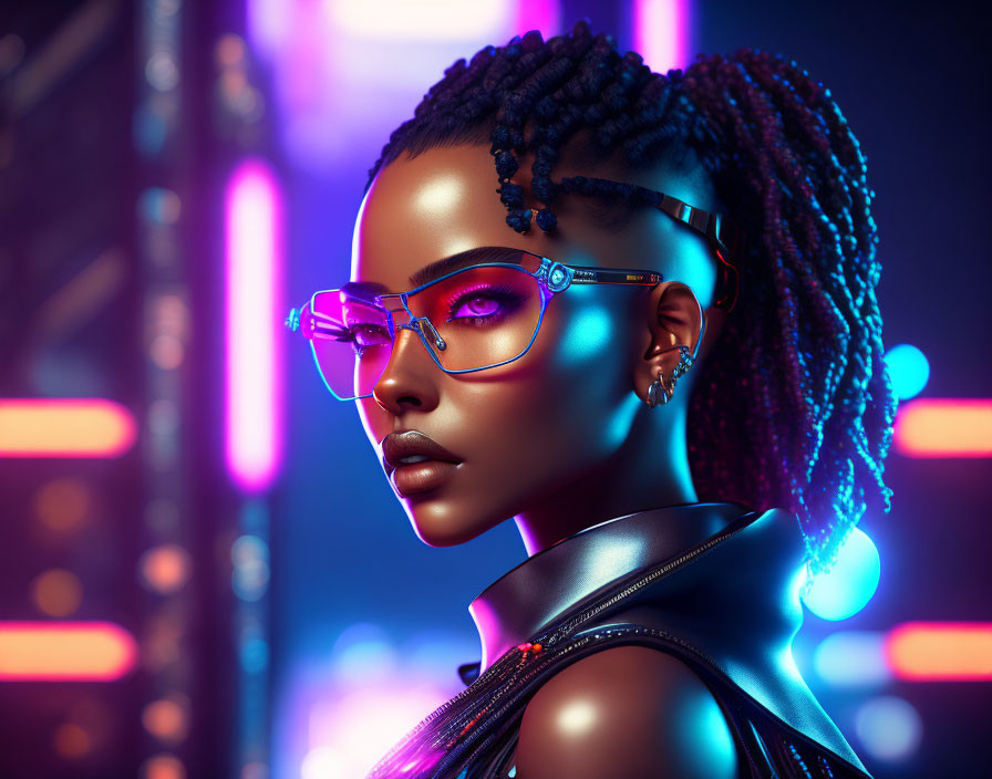 Woman with braided hair and stylish glasses in leather outfit under neon lights