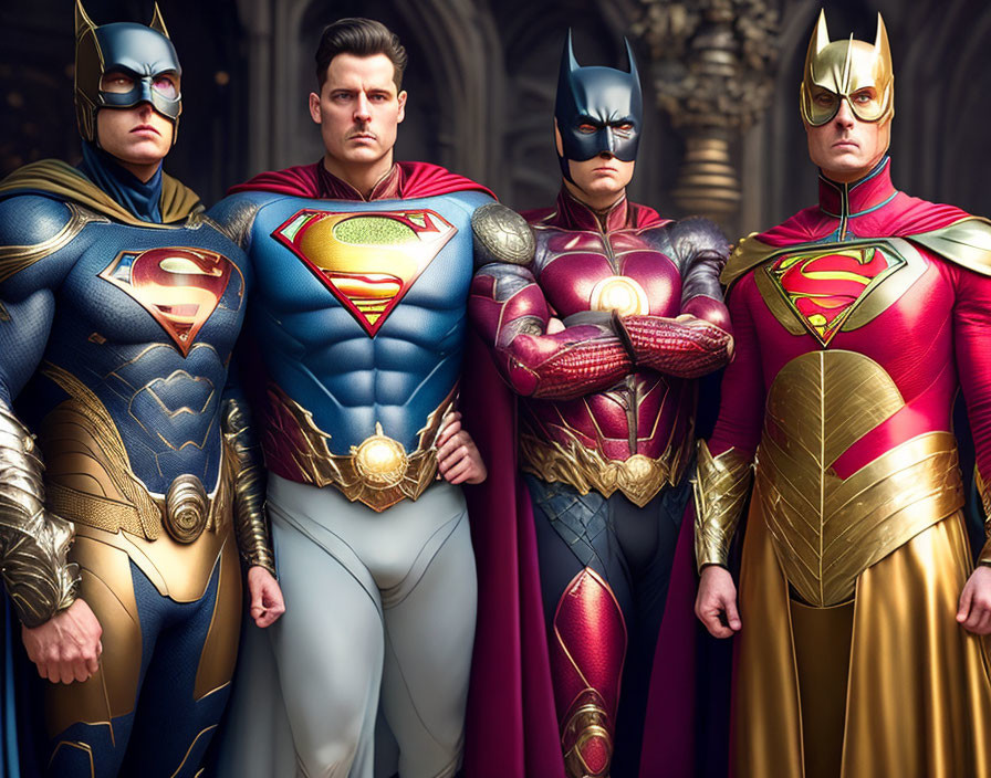 Four superheroes in elaborate costumes with masks and capes pose confidently in front of ornate architecture