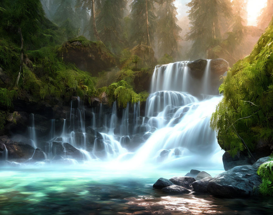 Tranquil waterfall in lush green forest