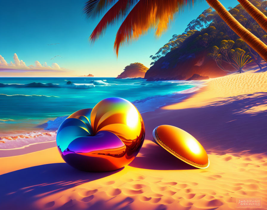 Surreal beach sunset with metallic hearts, egg-like object, and palm trees