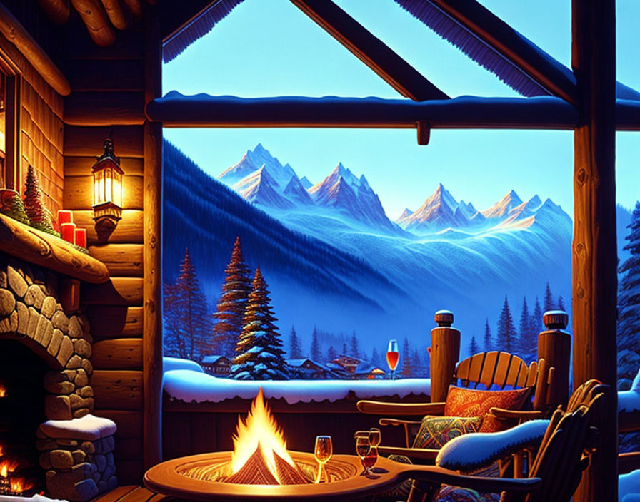 Warm Cabin Interior with Fireplace, Wine Glasses, Snowy Mountain View