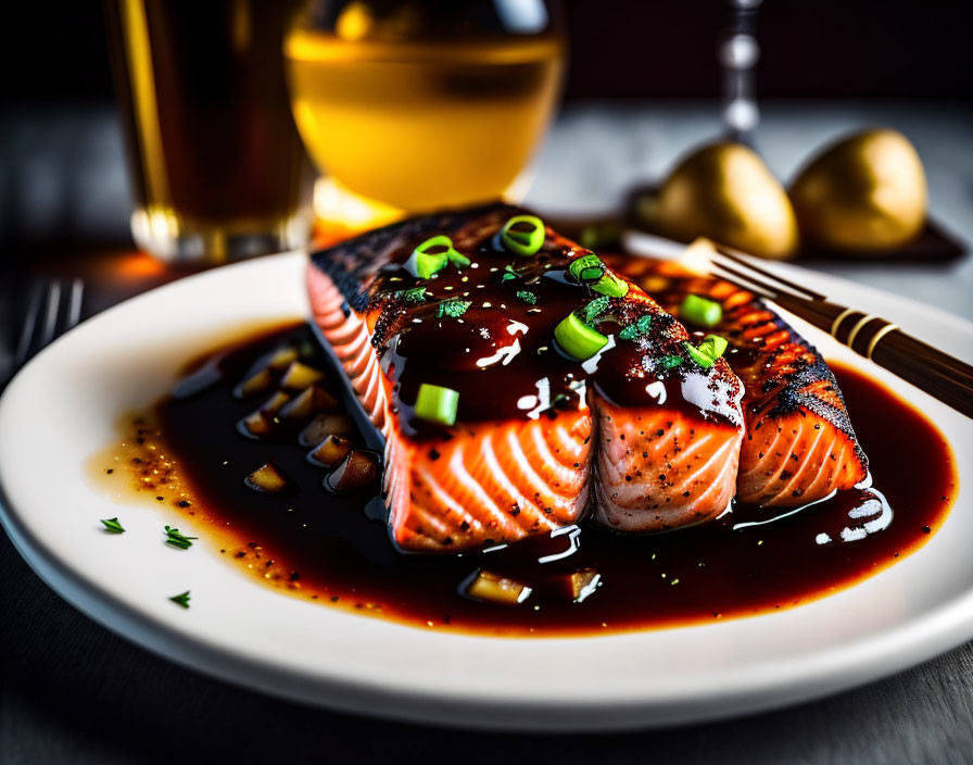 Salmon with Glaze on White Plate, Green Onions, Potatoes, and Beer