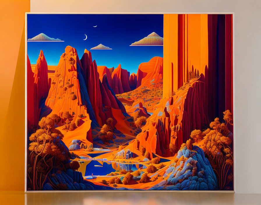 Vibrant stylized painting of desert landscape with cliffs and floating islands