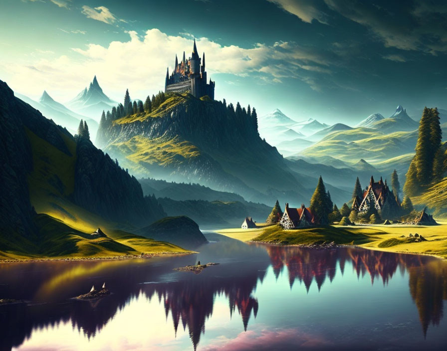 Surreal landscape with majestic castle, mountains, pine trees, lake