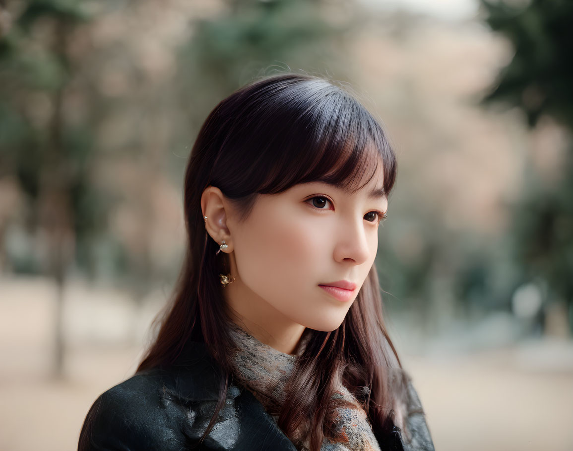 Dark-haired woman in earrings and scarf smiling subtly against tree-filled backdrop