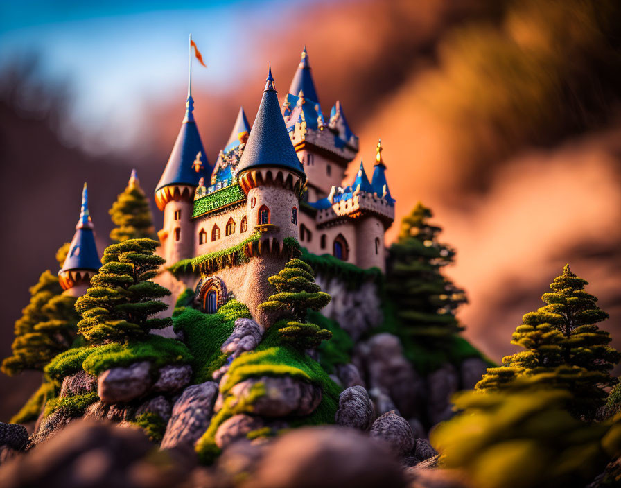 Miniature fairy tale castle with spires and flags among tiny trees in warm-toned background