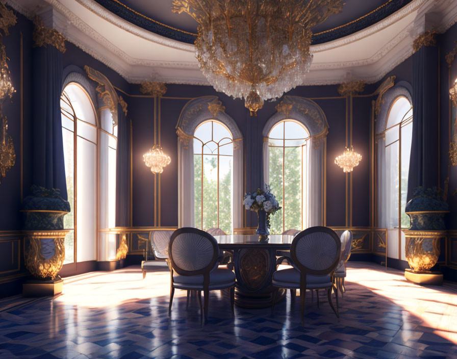 Luxurious Classical Interior with Grand Chandelier & Blue Walls