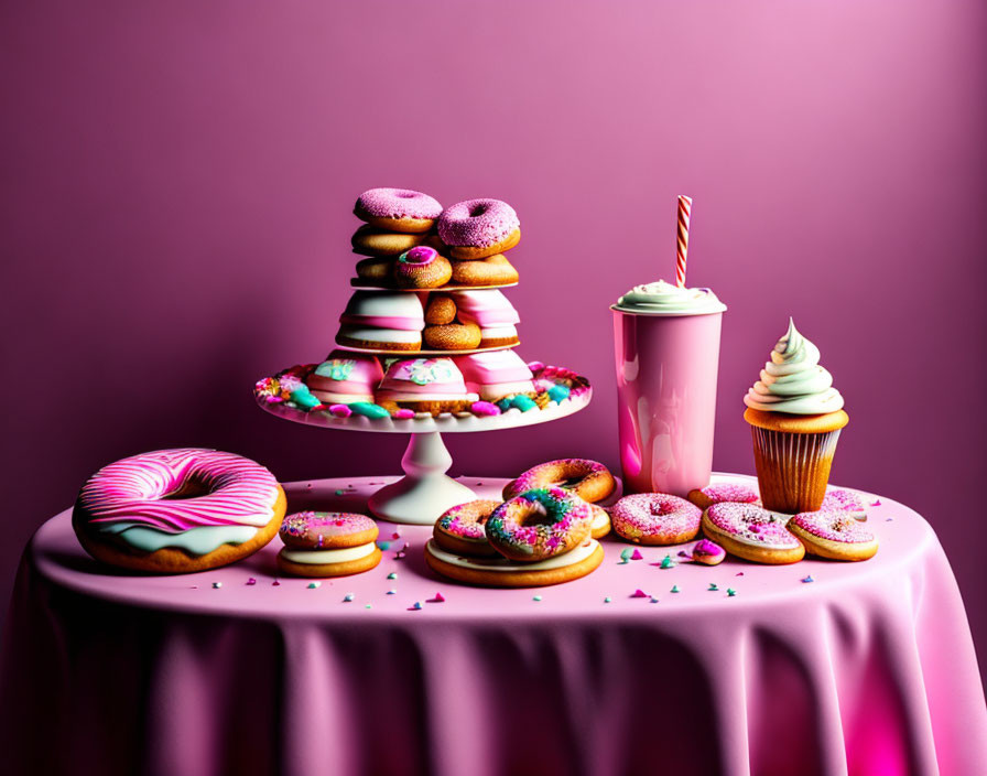 Assorted Doughnuts, Cupcake, and Milkshake on Tiered Stand against Pink Background