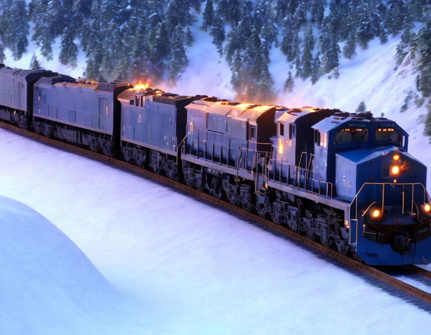 Train traveling through snowy landscape at twilight