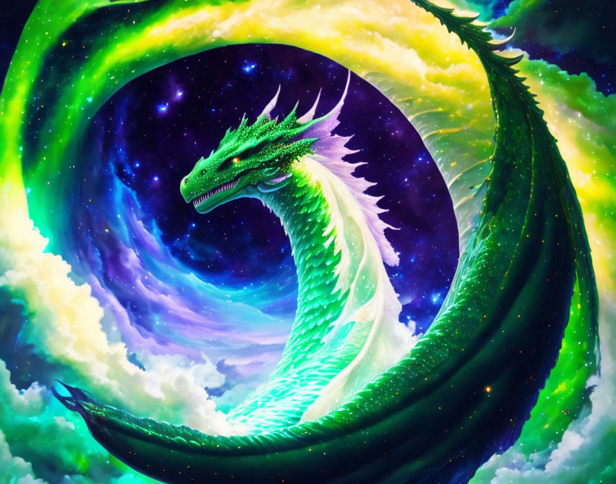 Green Dragon Coiled in Cosmic Clouds on Starry Space Background