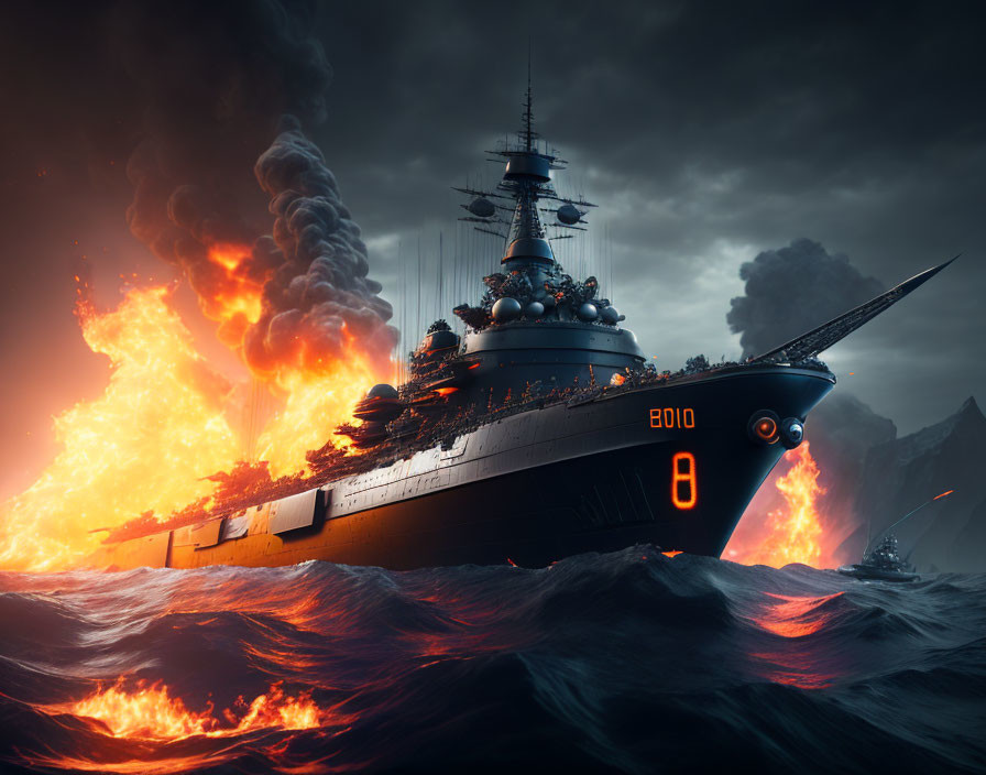 Warship navigating stormy seas amidst fiery explosions.