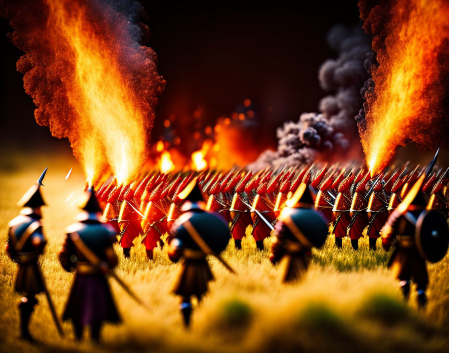 Miniature toy soldiers in battle formation amid fiery battlefield scene