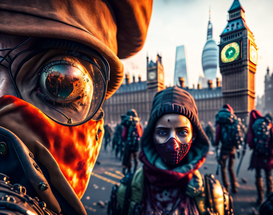 Close-up of person in futuristic goggles with masks, iconic cityscape backdrop.