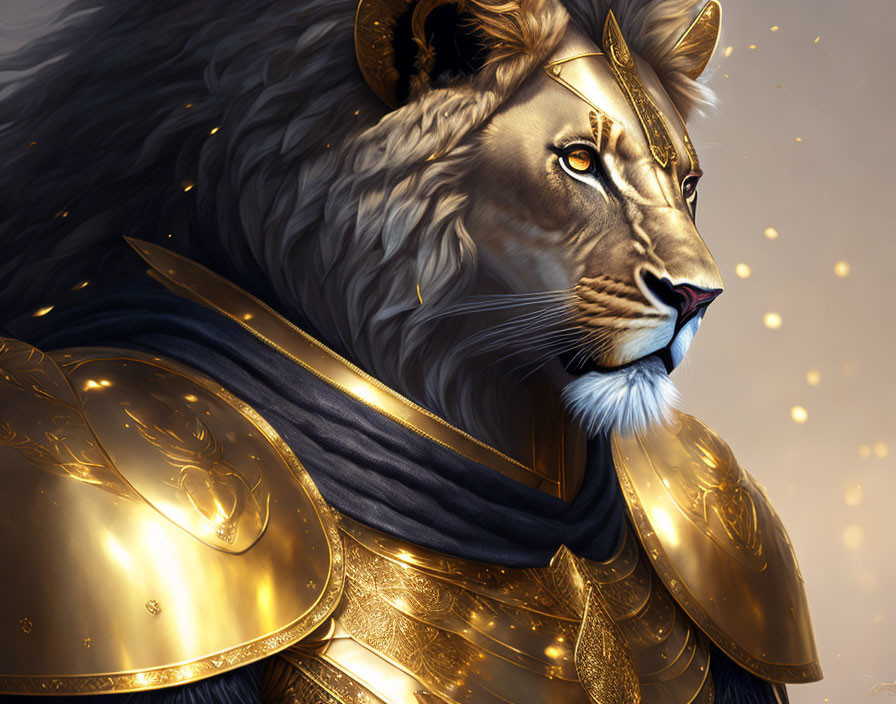 Regal lion with golden mane in ornate armor and blue cloak