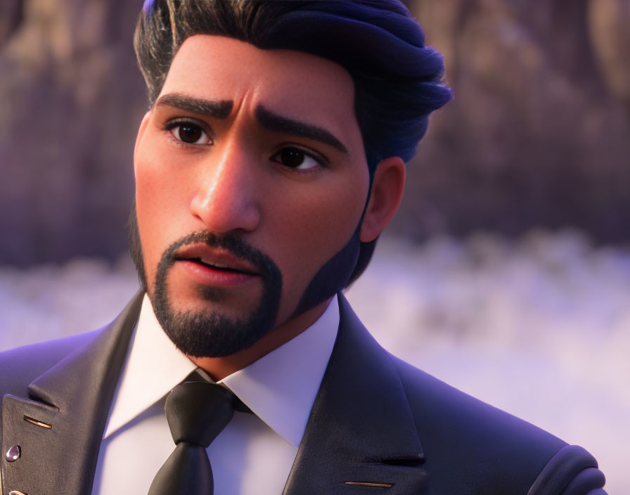 Close-up 3D animated male character with beard and mustache in formal suit and tie, expressing