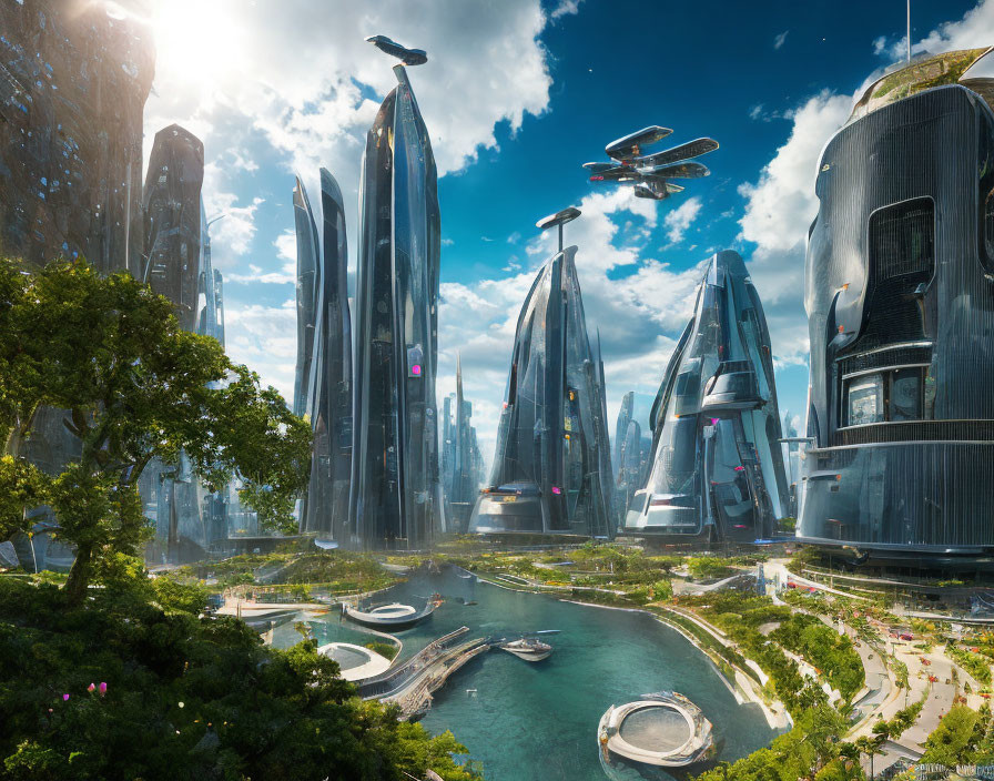 Futuristic cityscape with skyscrapers, greenery, water bodies, and flying vehicles