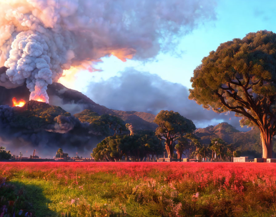 Volcanic eruption with ash plume and fiery explosions in serene landscape