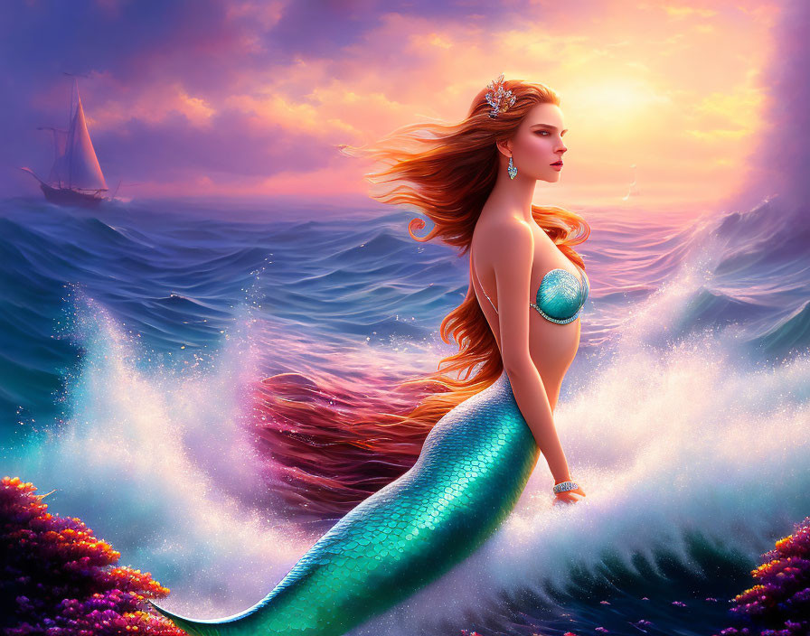 Mermaid sitting on rock in turbulent waves at sunset with sailboat drifts