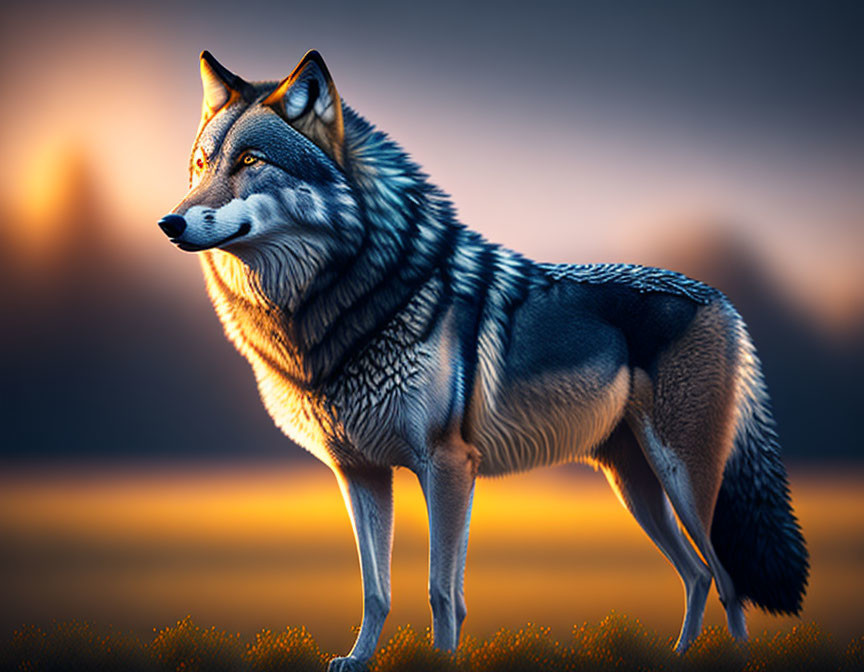 Profile of majestic wolf in golden sunset.