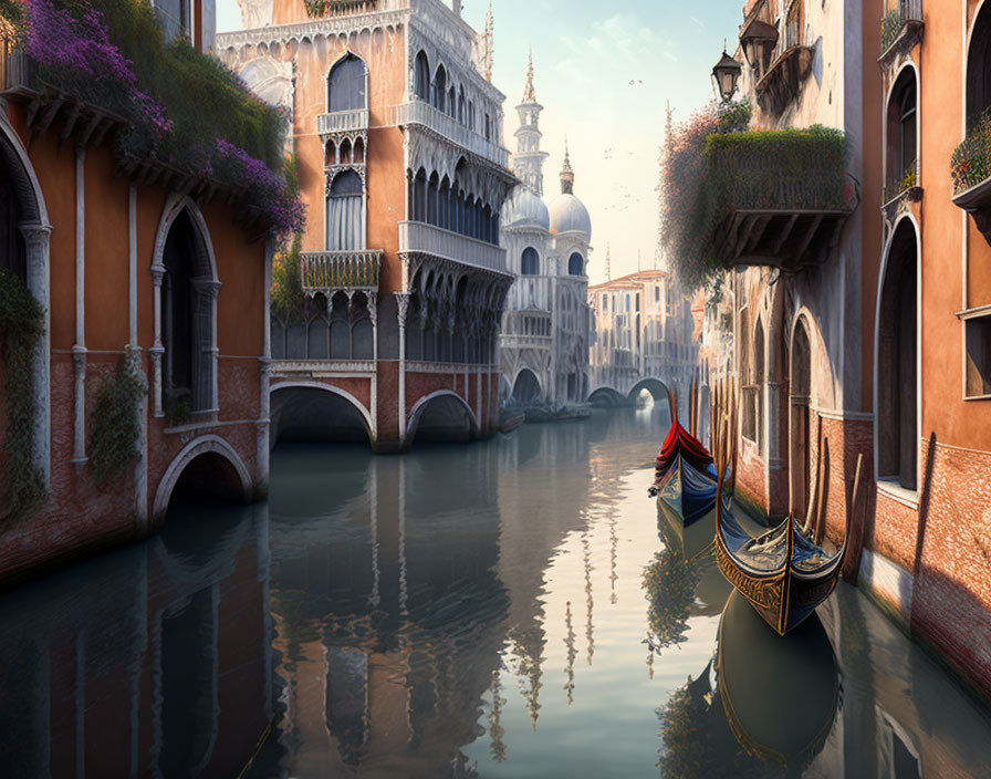 Tranquil Venetian Canal with Gondolas and Arched Bridges