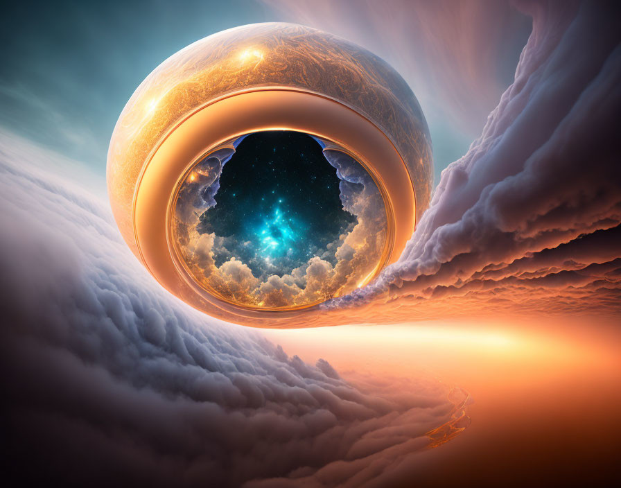 Surreal image: Golden ring portal to cosmos against sunset clouds