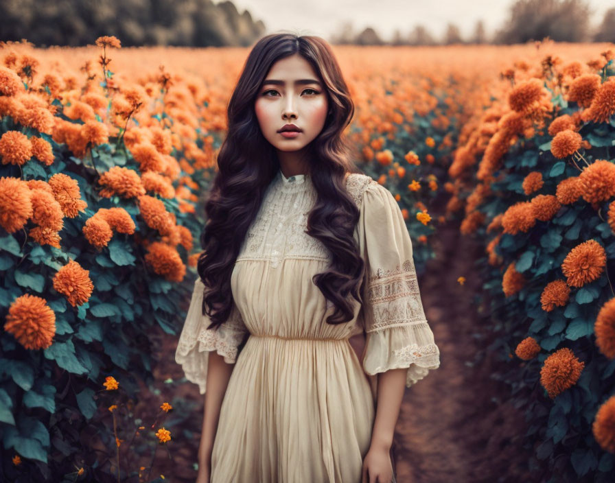 Vintage dress woman in orange flower field with wavy hair