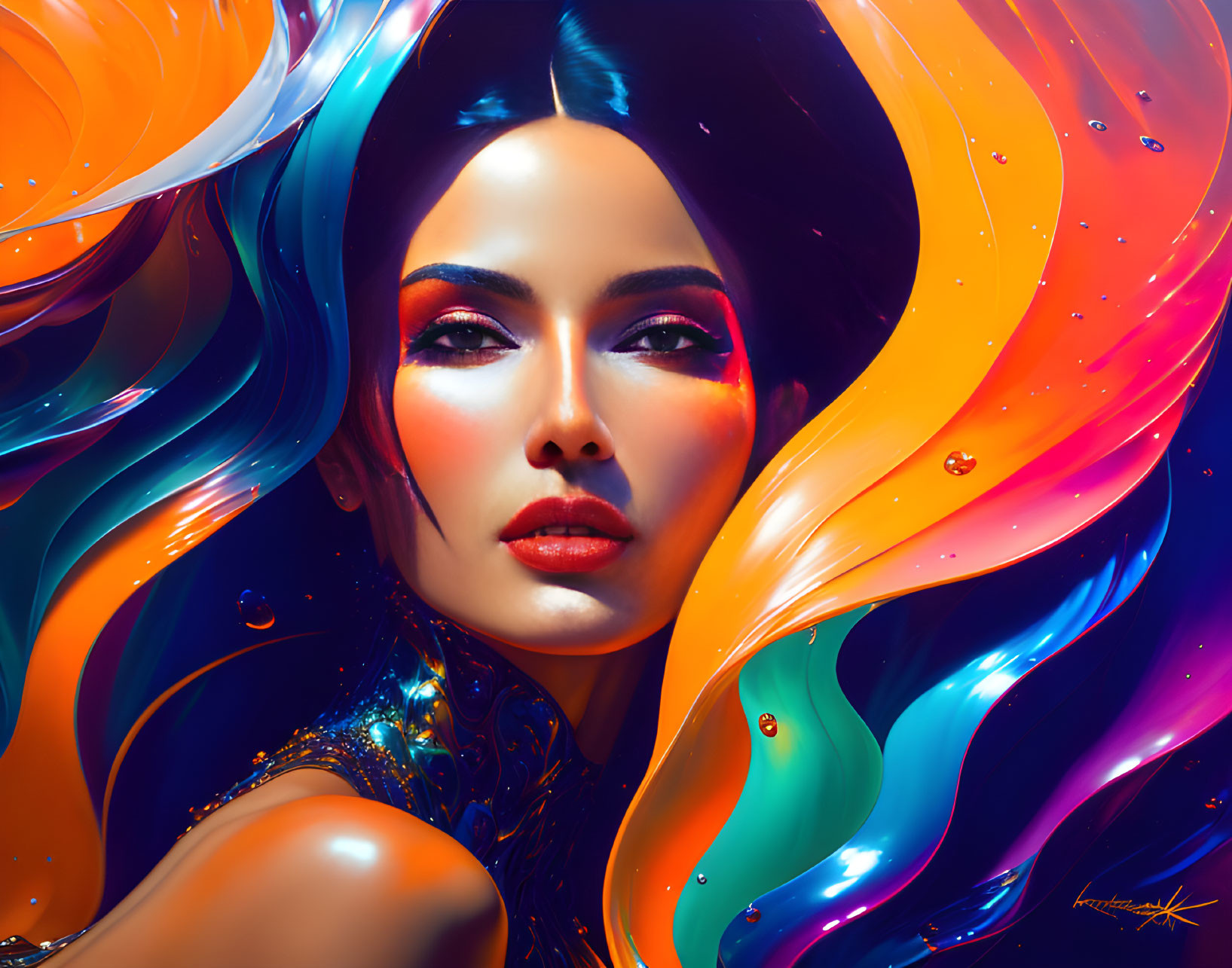 Vibrant digital artwork of woman with blue and orange flowing hair