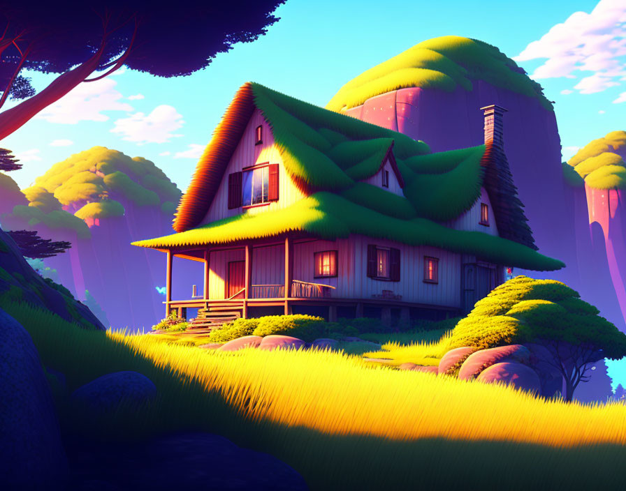 Illustration of Cozy Cottage in Vibrant Forest Clearing