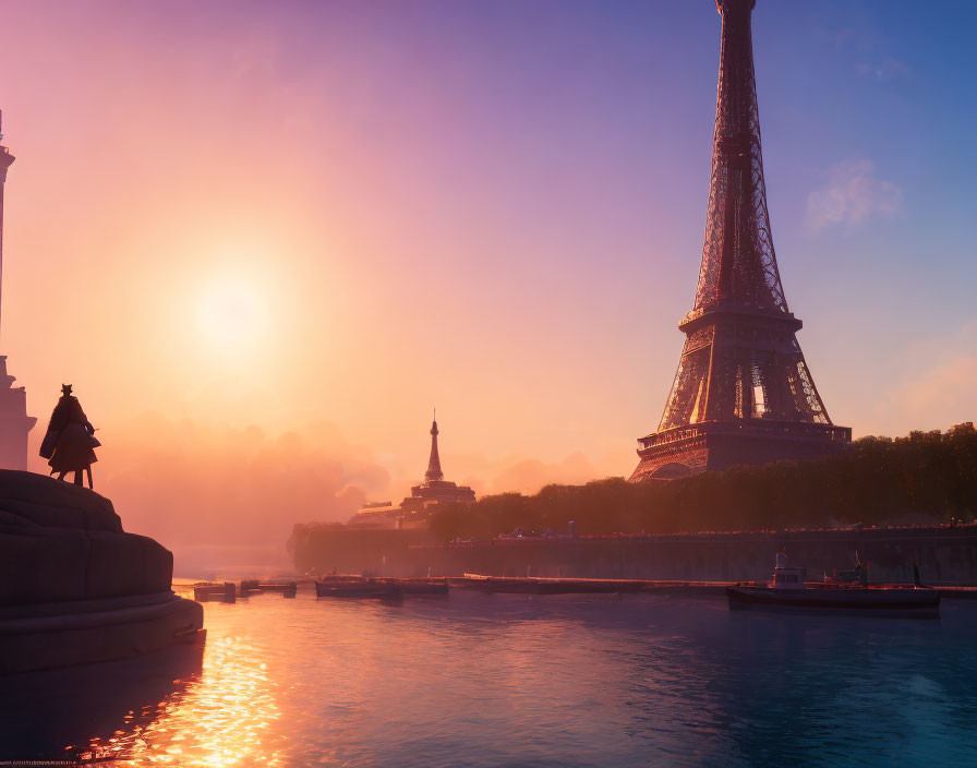 Silhouette of person by Seine river and Eiffel Tower at misty Paris sunrise